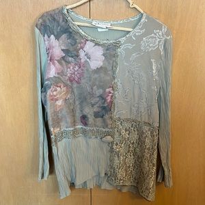 Funky Vintage Patchwork Blouse, Sage Green, Lace Accents, Flowy Tunic Sz Lg